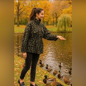 🆕Style  hub cheetah print/dark green jkt/cinch waist adj/Pockets/Notchcollar